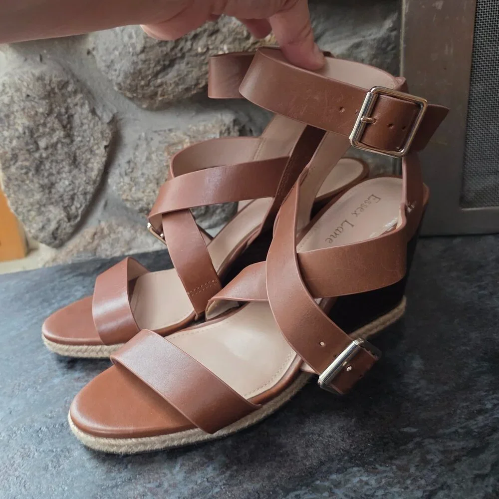 Essex Lane Brown Leather Strappy Wedge Sandals Size 9M